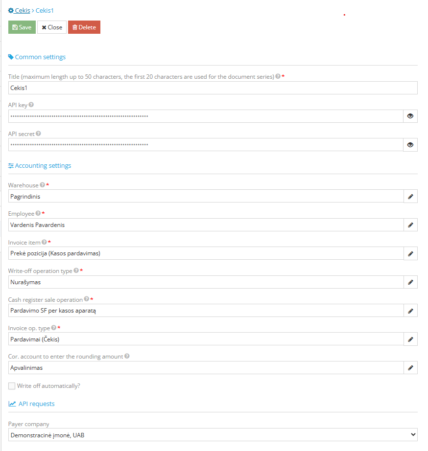 Čekis cash register integration parameters in Site.pro